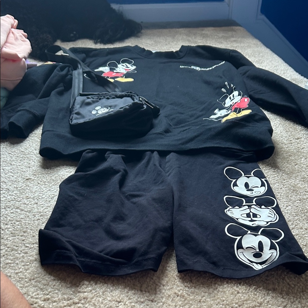 Black Mickey Mouse Sweatshirt and Shorts with matching crossbody and hat bundle